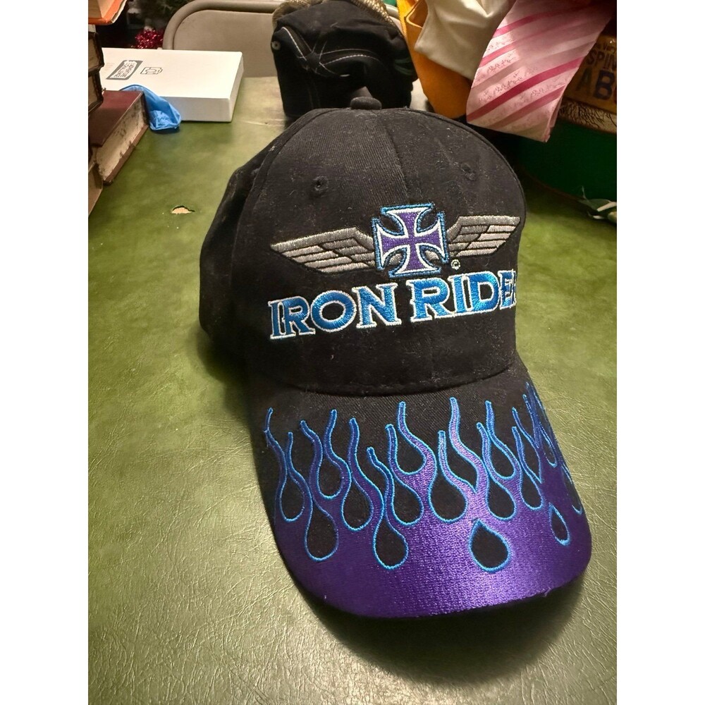 Y2K Iron Rider Purple Flame Biker Hat Adjustable Embroidered Motorcycle Cap